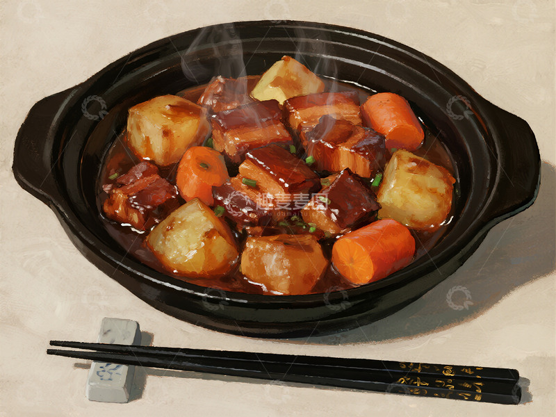 高清大图下载【趣麦麦图】土豆红烧肉插画风格0
