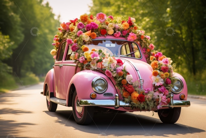高清大图下载【趣麦麦图】鲜花装饰的小汽车