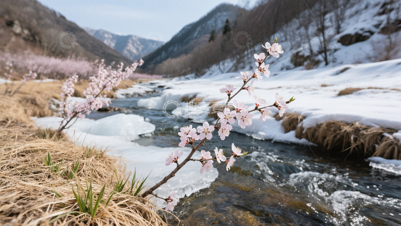 自然山水雪景河流桃花高清商业照片