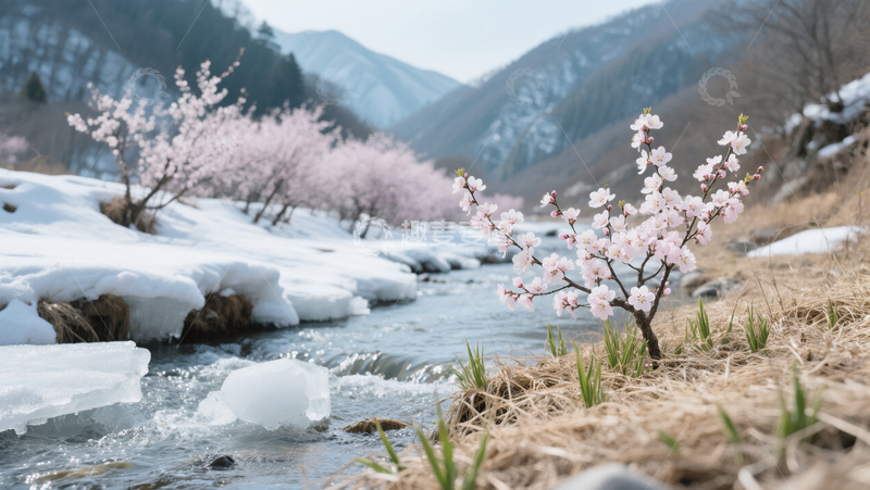 自然山水雪景河流桃花商业照片