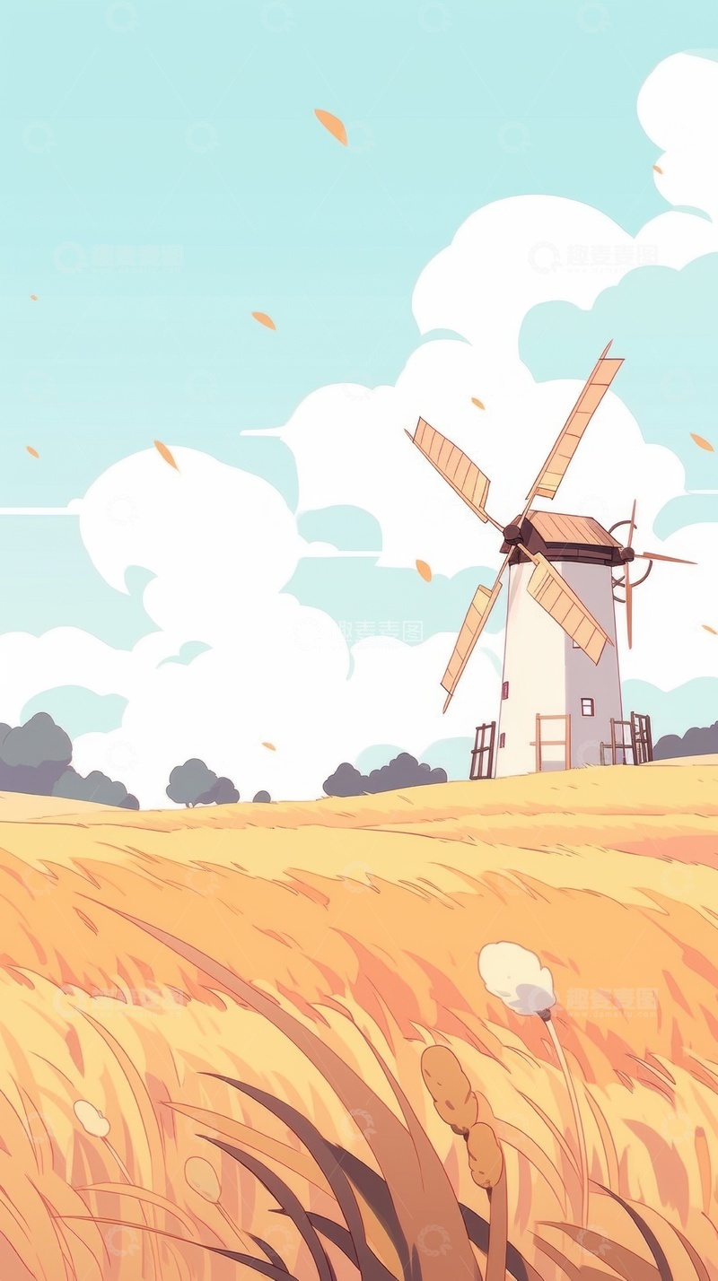高清大图下载【趣麦麦图】卡通简约风磨坊山丘风景