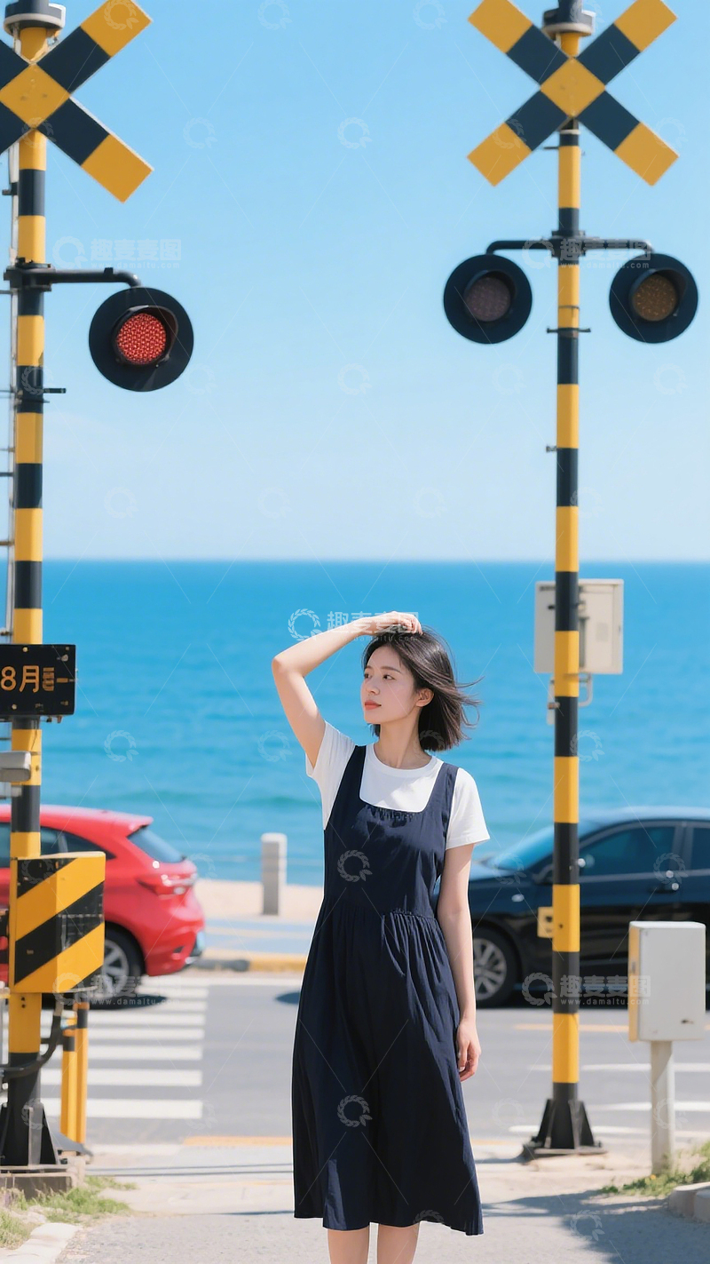 高清大图下载【趣麦麦图】年轻女生碧海铁道边的悠然身影