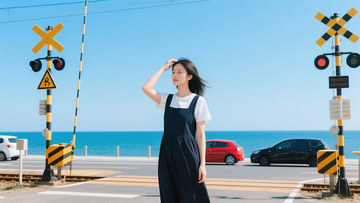 人像摄影海岸铁道口的夏日邂逅女生