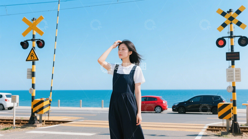 高清大图下载【趣麦麦图】人像摄影海岸铁道口的夏日邂逅女生