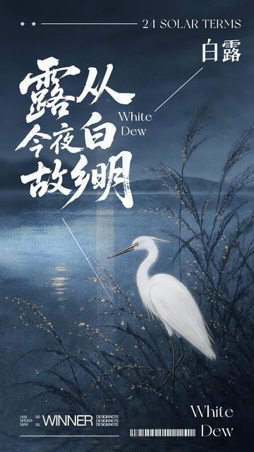 白露节气芦苇仙鹤油画风宣传海报