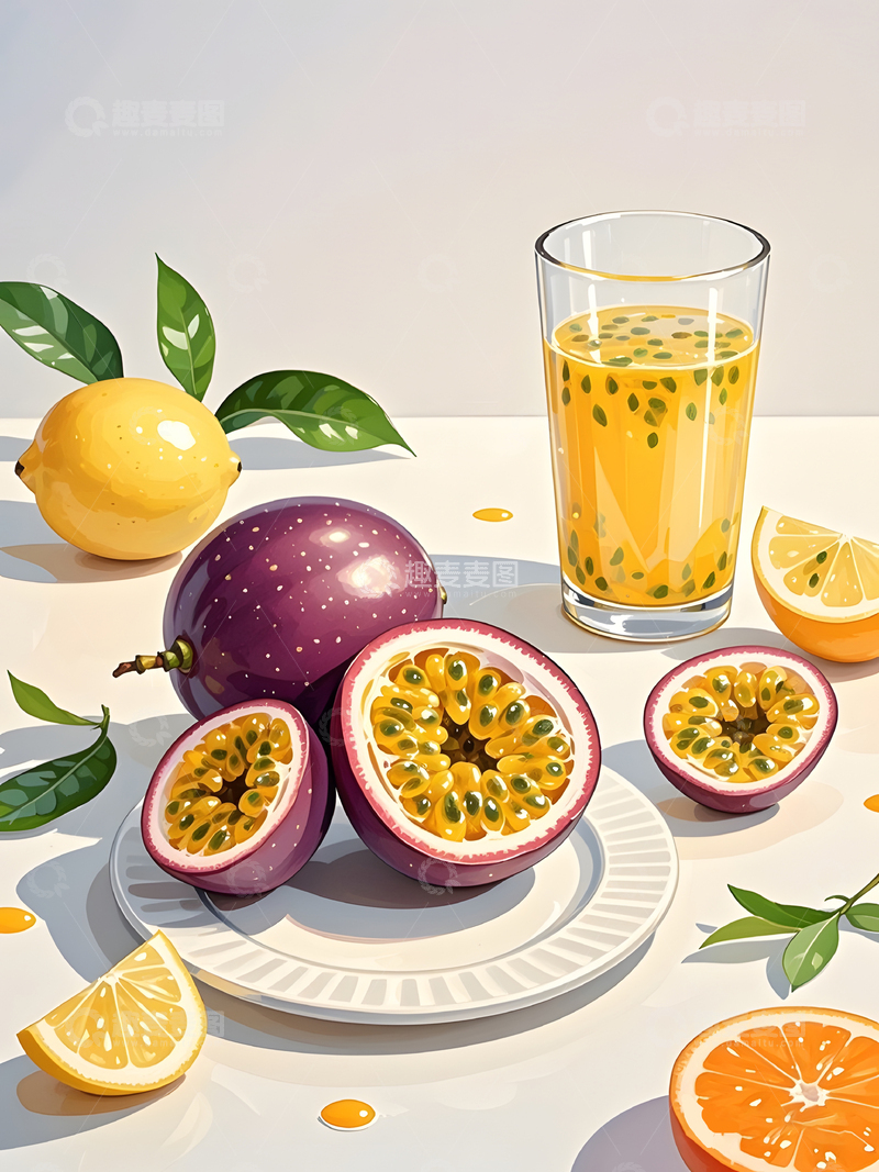高清大图下载【趣麦麦图】百香果果汁写实插画