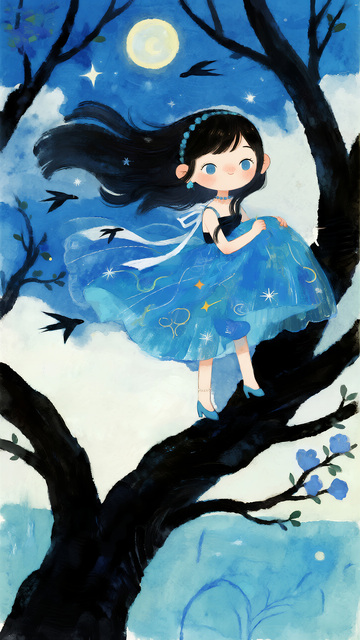 月夜树梢的蓝裙少女