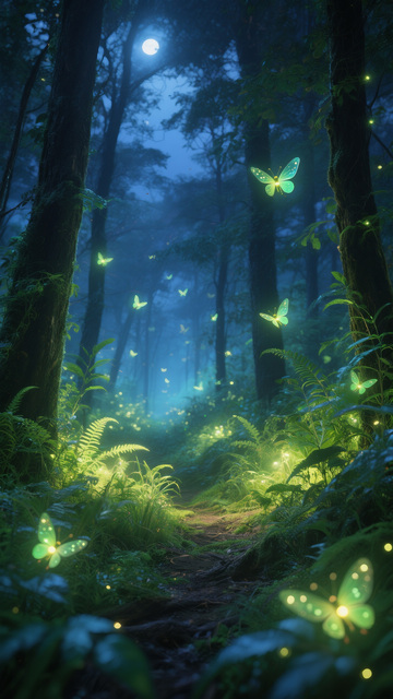 月夜森林的荧光蝶影