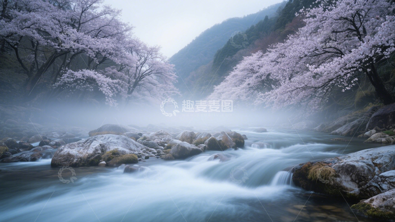高清大图下载【趣麦麦图】樱花溪流诗意宁静春景2