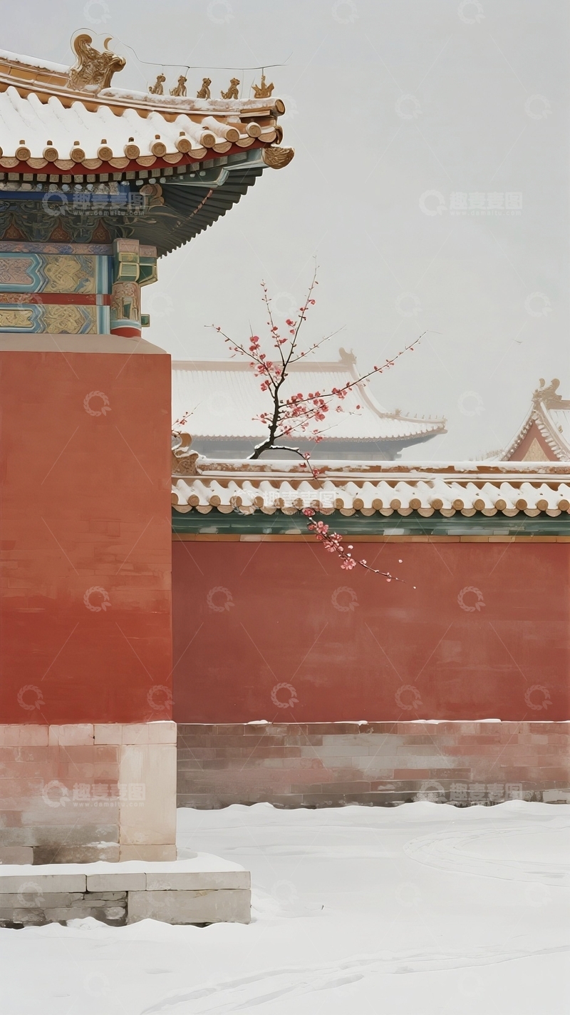 高清大图下载【趣麦麦图】冬季故宫红墙插画