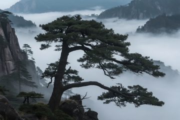 清晨悬崖雾气松树风景