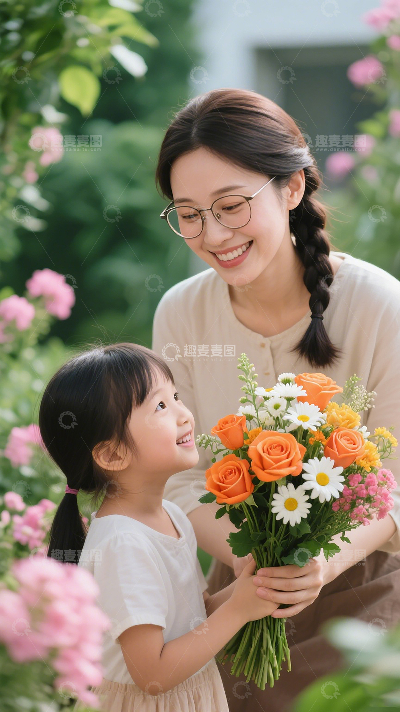 高清大图下载【趣麦麦图】教师节学生送花老师学生互动场景摄影