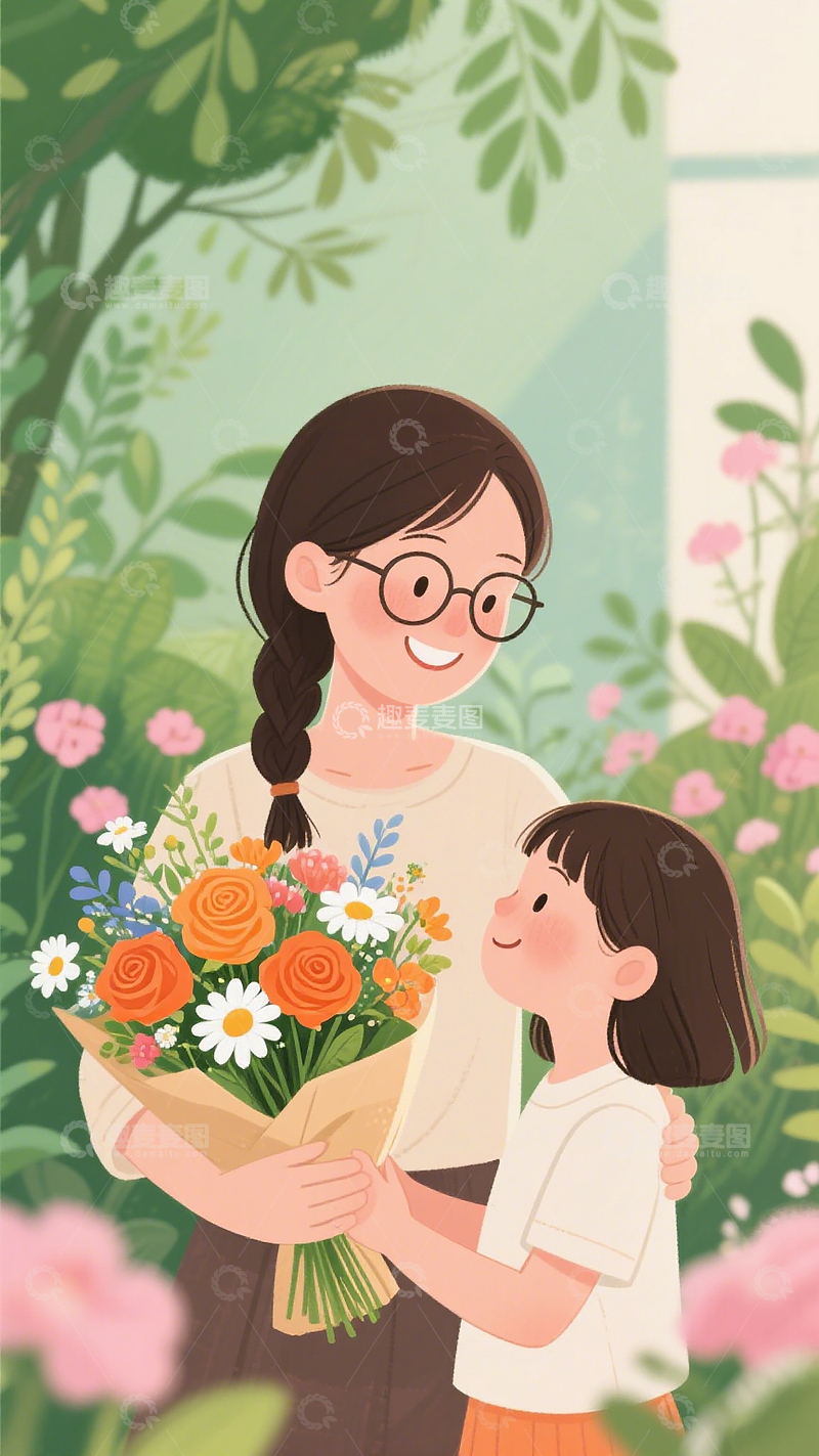 高清大图下载【趣麦麦图】教师节手绘插画素材学生送花献花