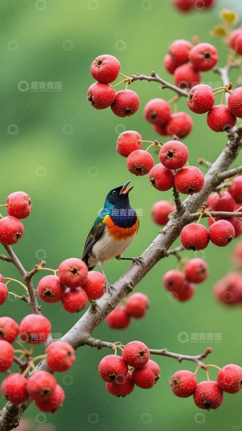 高清大图下载【趣麦麦图】枝头红果与飞鸟03