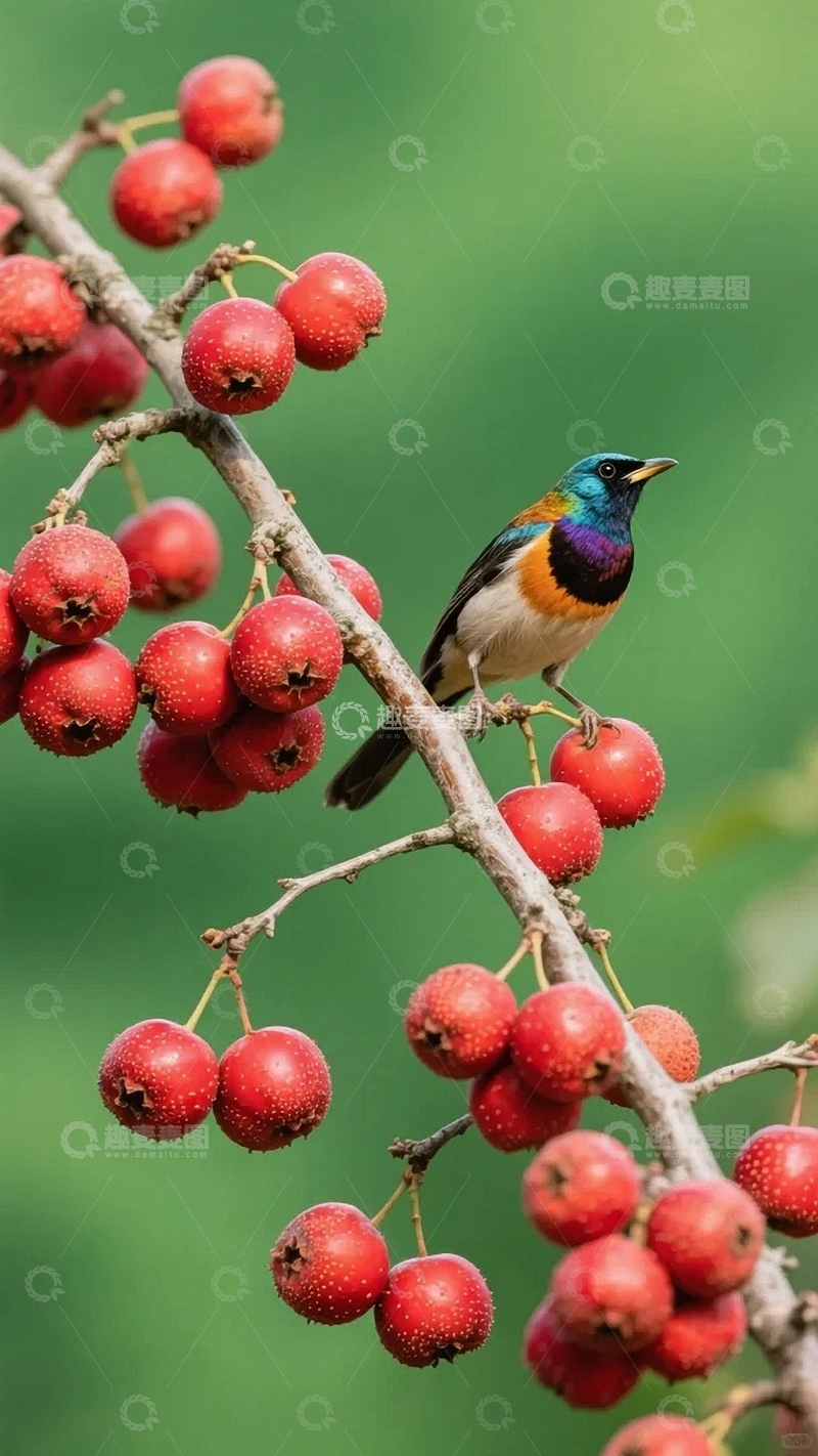 高清大图下载【趣麦麦图】枝头红果与飞鸟04