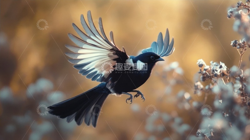 高清大图下载【趣麦麦图】展翅飞行的喜鹊