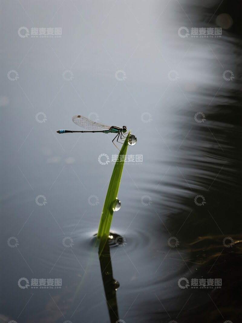 高清大图下载【趣麦麦图】蜻蜓停驻露珠叶尖水面倒影清晰