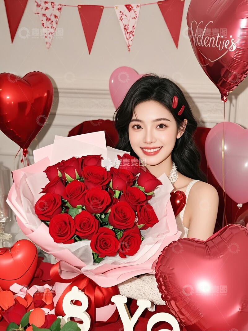 手捧红玫瑰的女子与情人节装饰