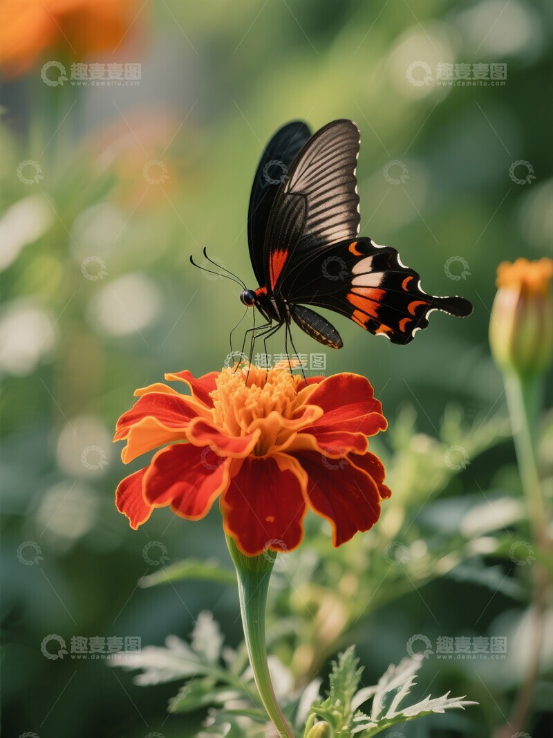 高清大图下载【趣麦麦图】蝴蝶停驻在橙红色花朵上