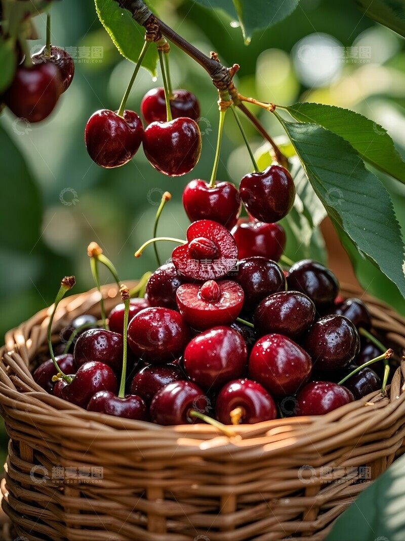 高清大图下载【趣麦麦图】篮中樱桃与枝头果实