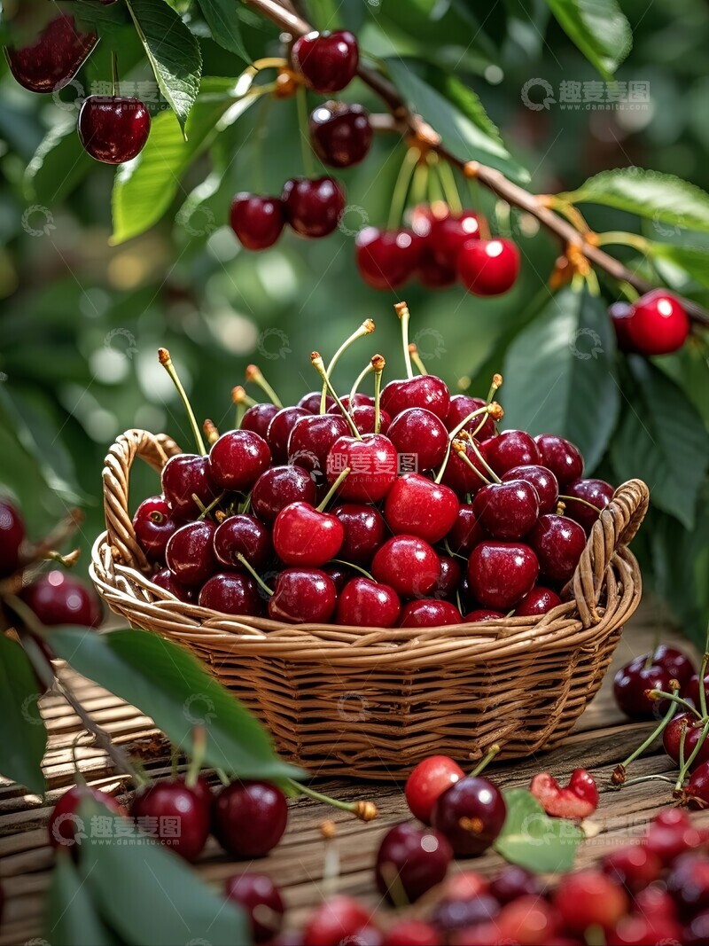 高清大图下载【趣麦麦图】篮子里的鲜红樱桃与树上果实