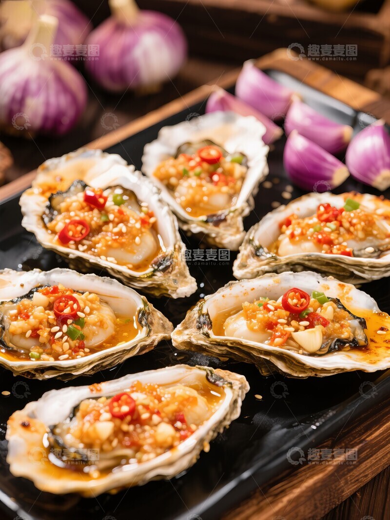 高清大图下载【趣麦麦图】蒜蓉辣椒点缀的生蚝美食