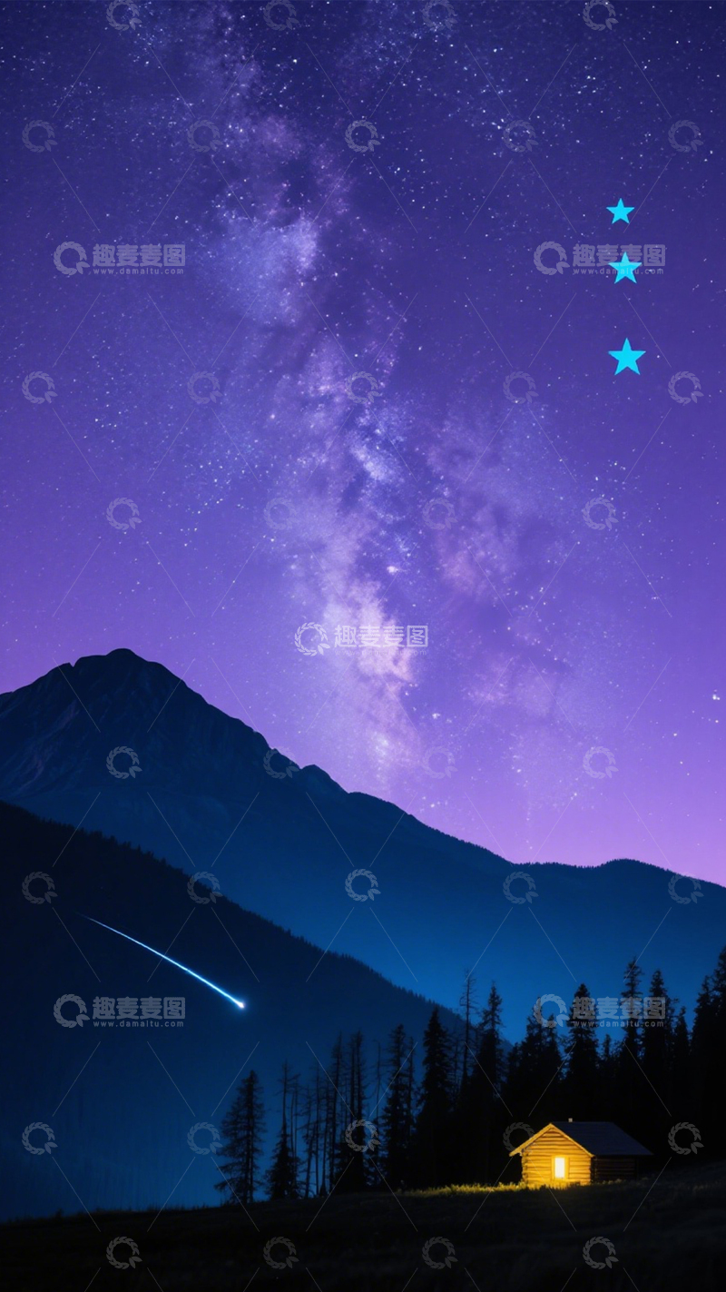 高清大图下载【趣麦麦图】紫夜流星星空小屋治愈