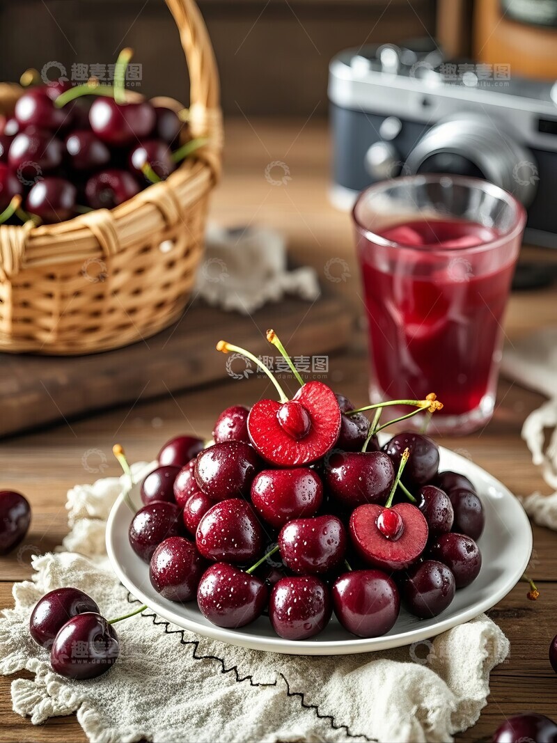 高清大图下载【趣麦麦图】-新鲜樱桃与玻璃杯中果汁