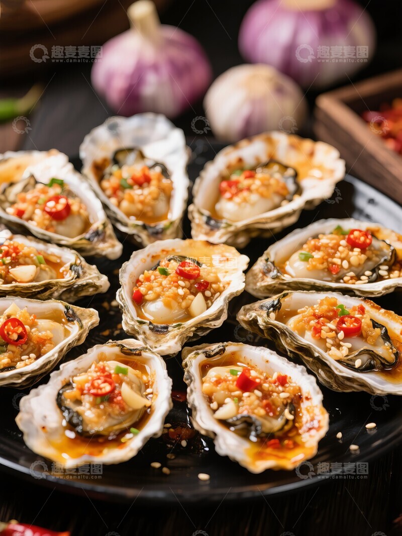 高清大图下载【趣麦麦图】蒜蓉辣椒点缀的烧烤生蚝