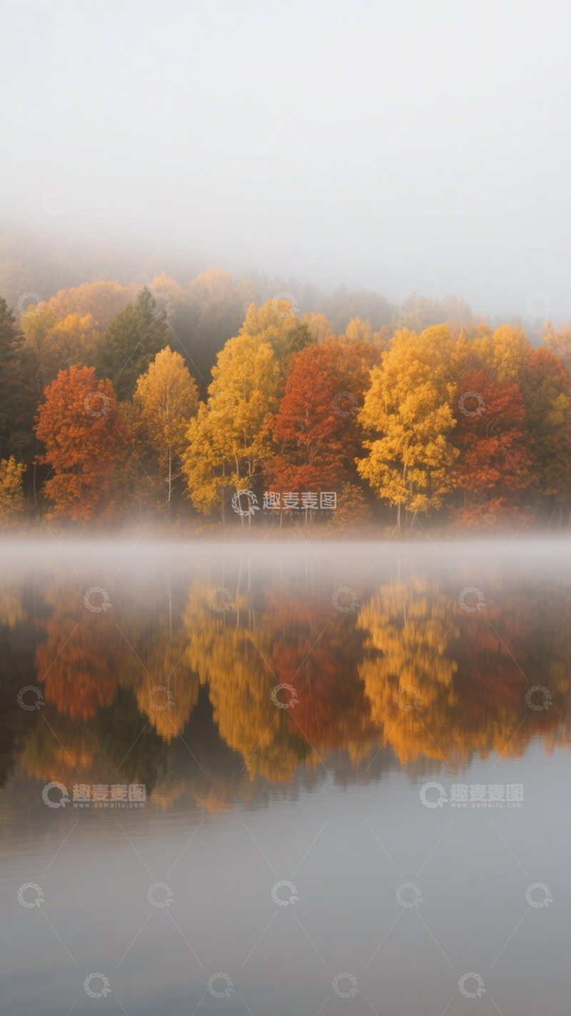 高清大图下载【趣麦麦图】湖岸秋林雾霭斑斓倒影1
