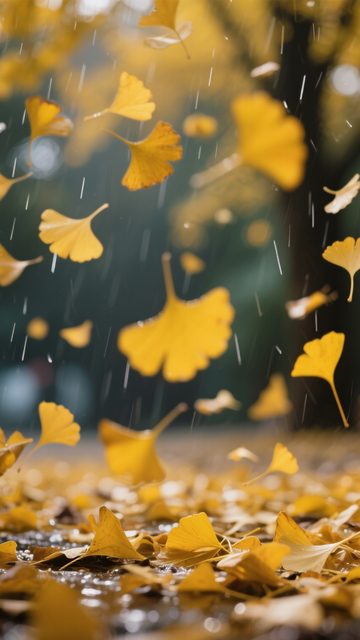 雨落银杏金黄落叶诗意
