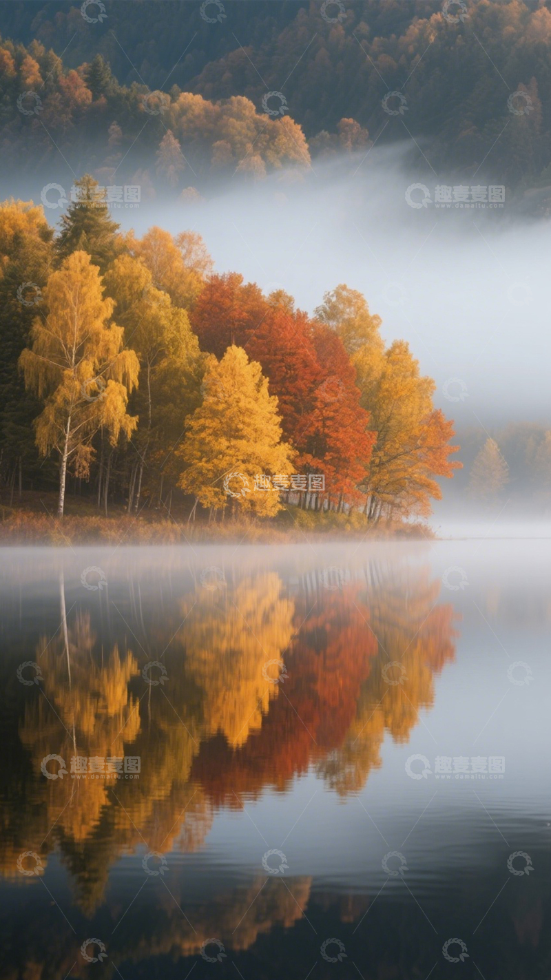 高清大图下载【趣麦麦图】湖岸秋林雾霭斑斓倒影