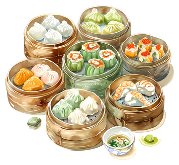 竹蒸笼装什锦点心高清透明免抠png素材