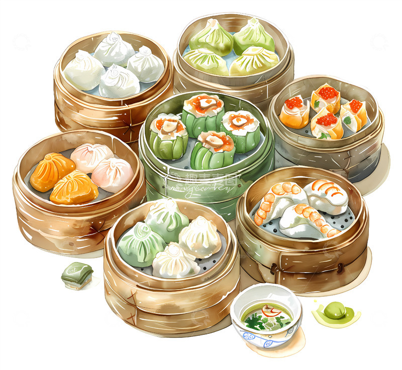 高清大图下载【趣麦麦图】竹蒸笼装什锦点心高清透明免抠png素材