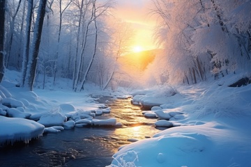 冬季冰雪覆盖的森林河流