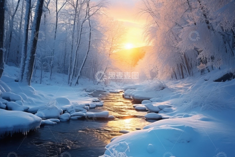 高清大图下载【趣麦麦图】冬季冰雪覆盖的森林河流