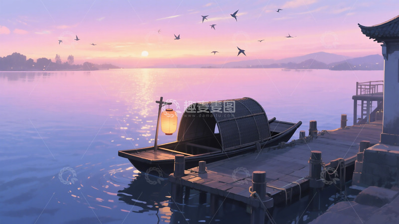 高清大图下载【趣麦麦图】夕阳渔船港湾