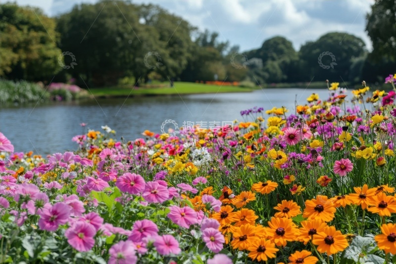 高清大图下载【趣麦麦图】盛开在河岸边的鲜花花丛