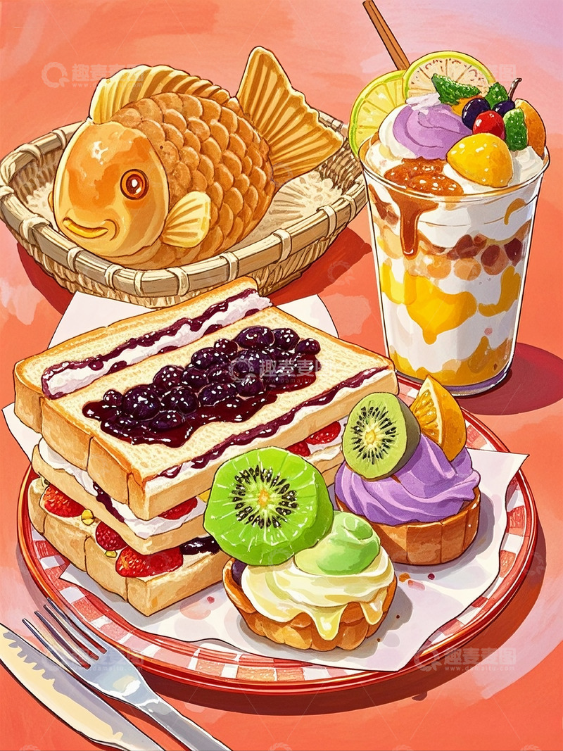 高清大图下载【趣麦麦图】蛋糕甜品水果下午茶手绘食物包装商品图片3
