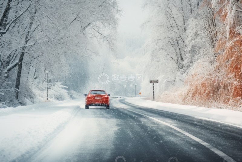 高清大图下载【趣麦麦图】冬季公路上行驶的红色小汽车
