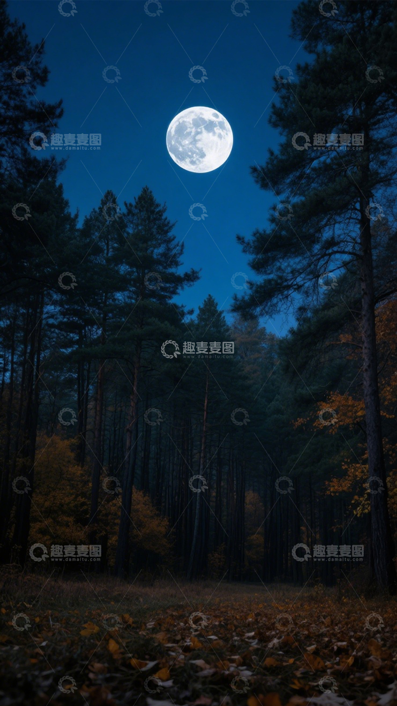 高清大图下载【趣麦麦图】月夜秋林满月落叶治愈2