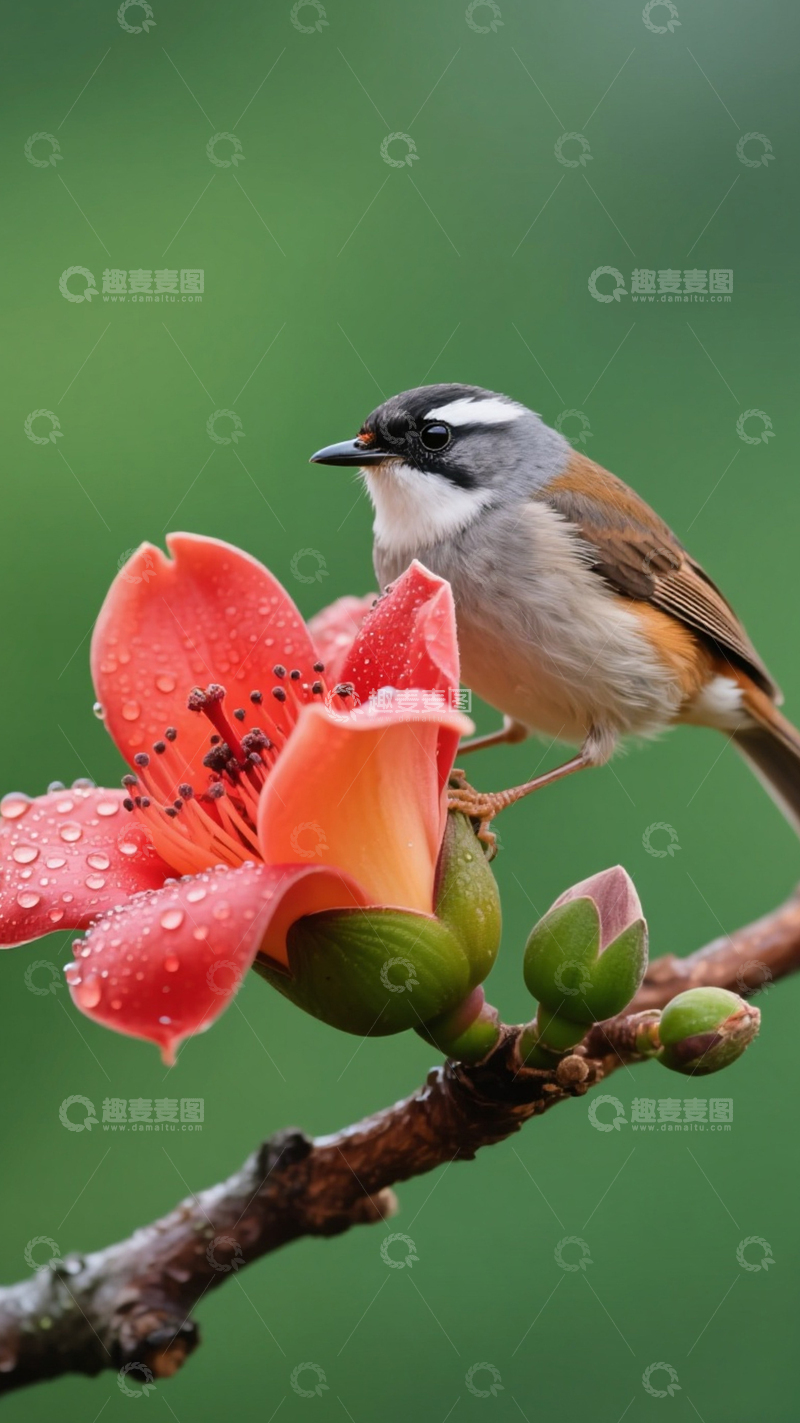 高清大图下载【趣麦麦图】木棉花和小鸟相依