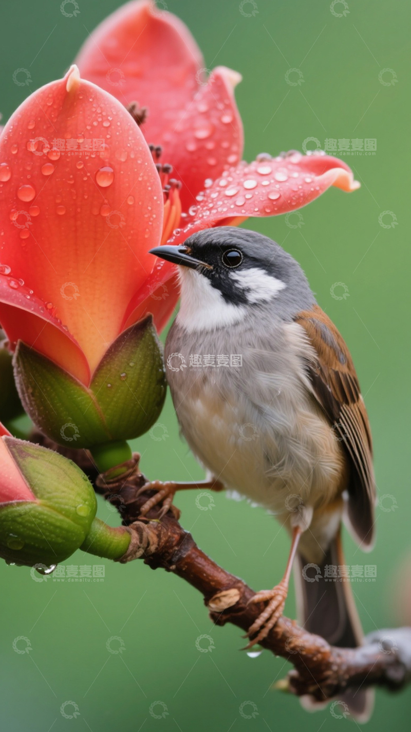 高清大图下载【趣麦麦图】大红色的木棉花和小鸟