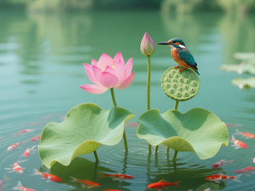 荷花翠鸟锦鲤池塘