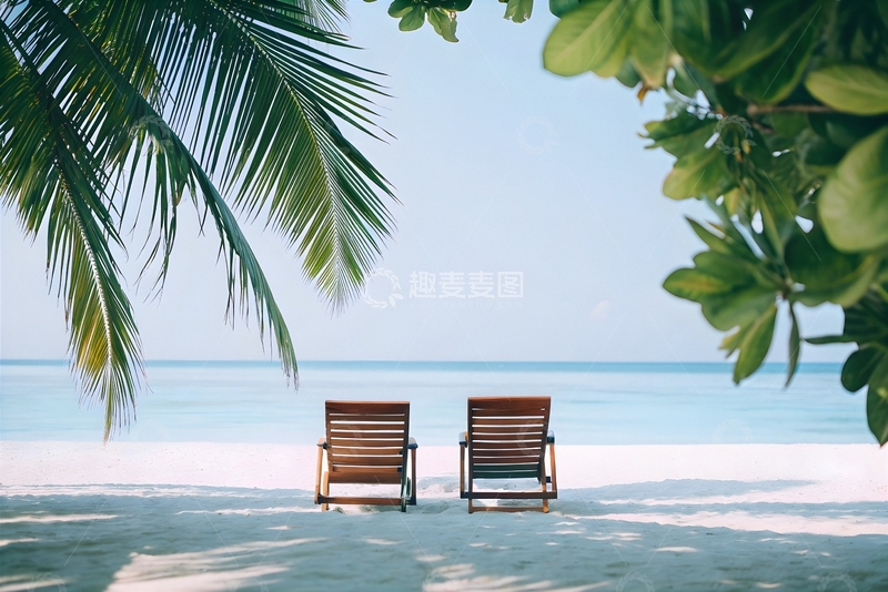 高清大图下载【趣麦麦图】海边沙滩度假双躺椅海景