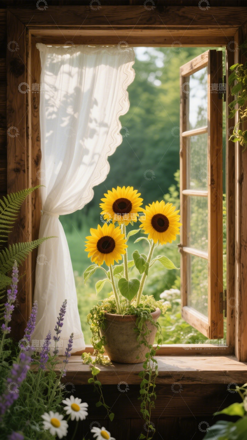 高清大图下载【趣麦麦图】窗畔向日葵田园清新治愈2