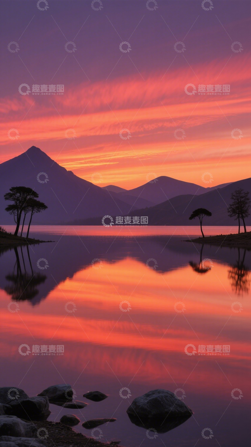 高清大图下载【趣麦麦图】湖山晚霞倒影孤树壮美3