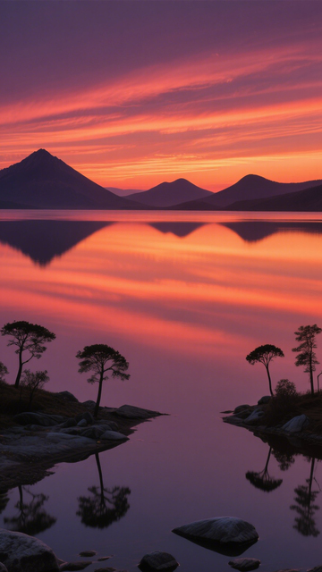 湖山晚霞倒影孤树壮美2