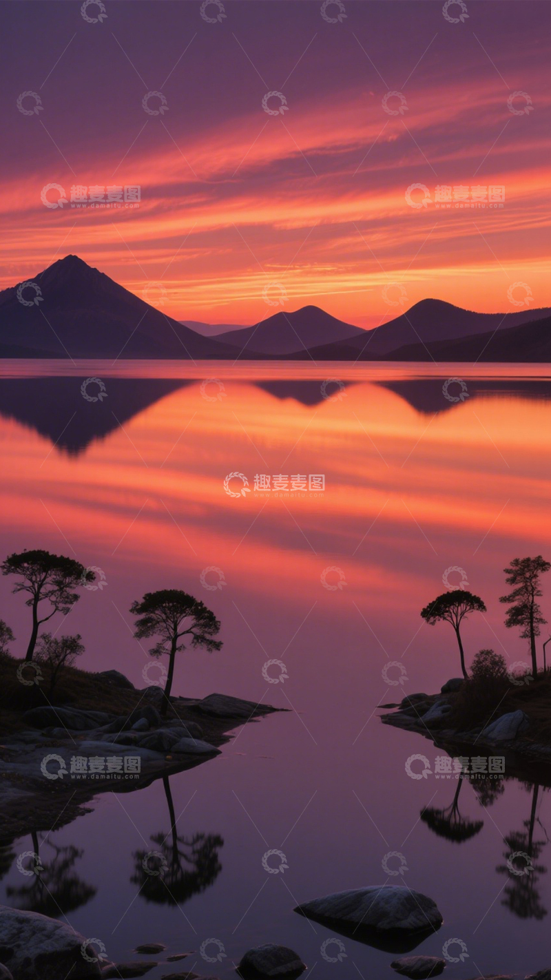 高清大图下载【趣麦麦图】湖山晚霞倒影孤树壮美2