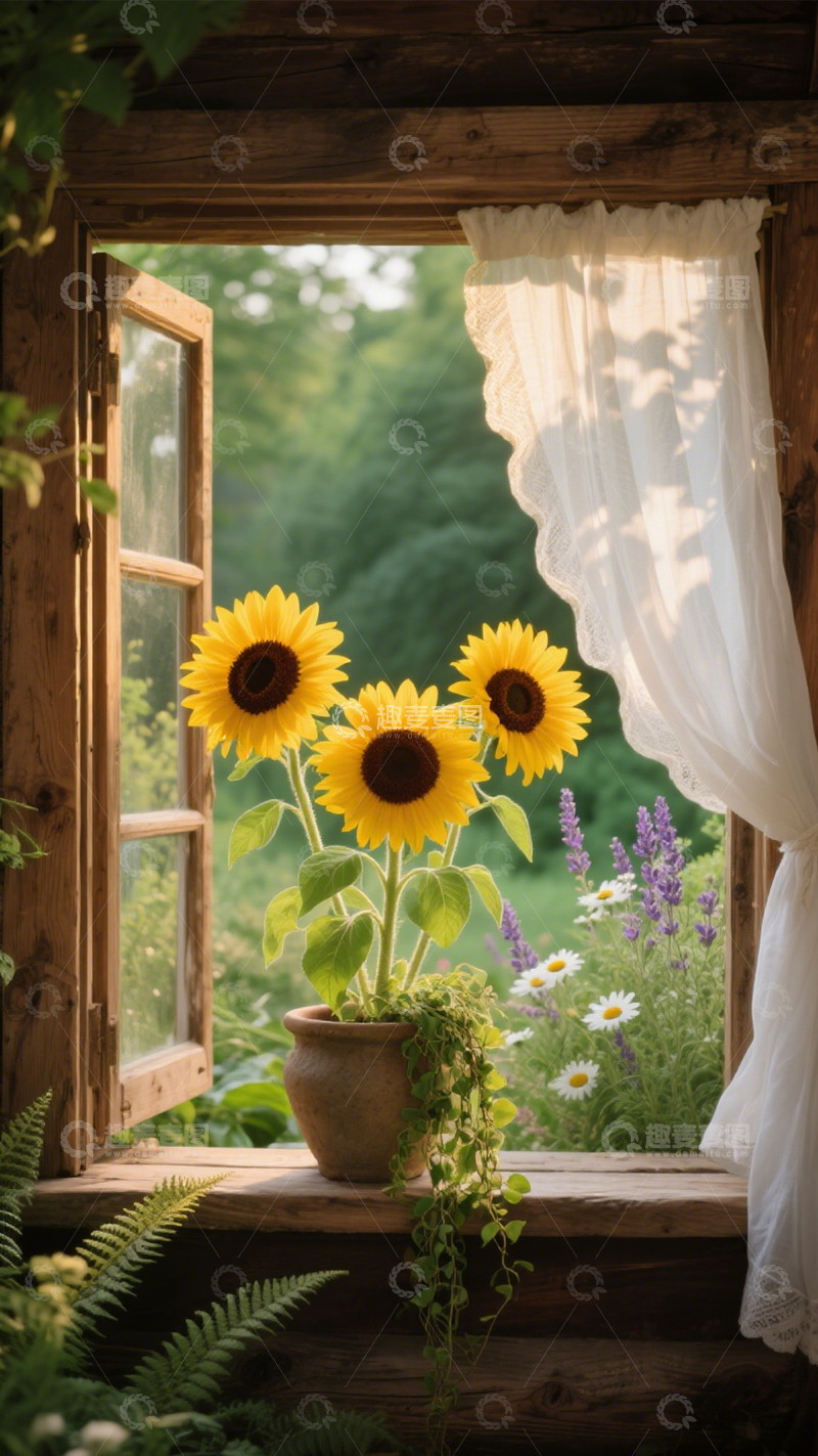 高清大图下载【趣麦麦图】窗畔向日葵田园清新治愈1